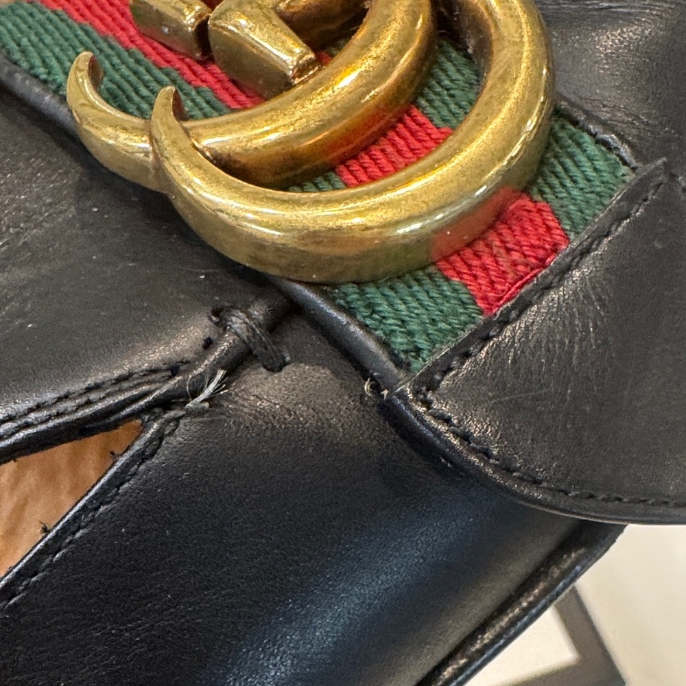 Authentic Gucci Women's Black Leather Loafers with Green and Red Stripes - Picture 10 of 15
